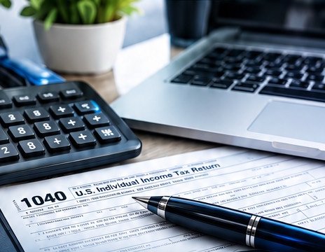 Form 1040 individual income tax return with a calculator, pen and laptop